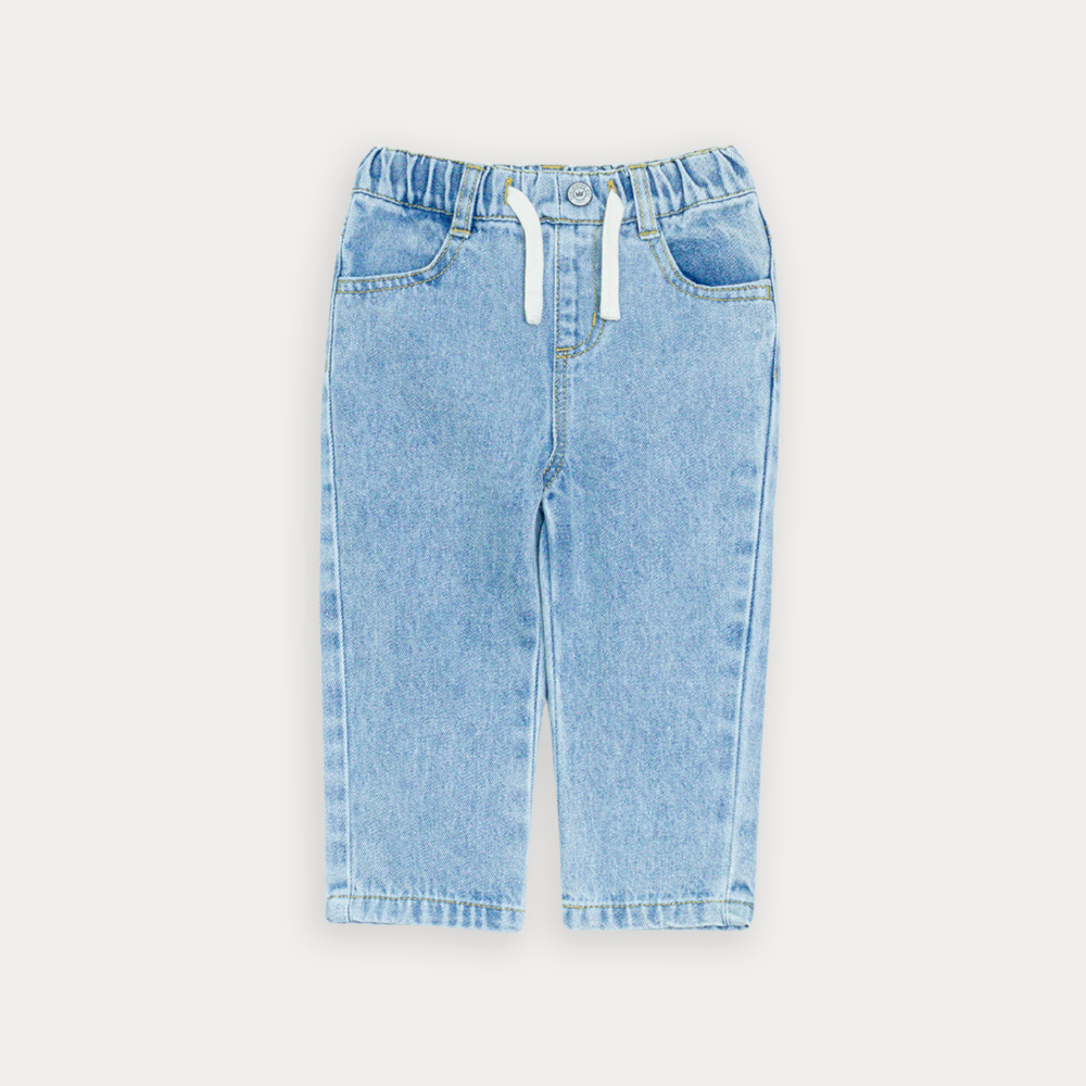 Jean Azul Claro Con Cordones Crema Y Elástico En La Cintura Para Bebe Niño
