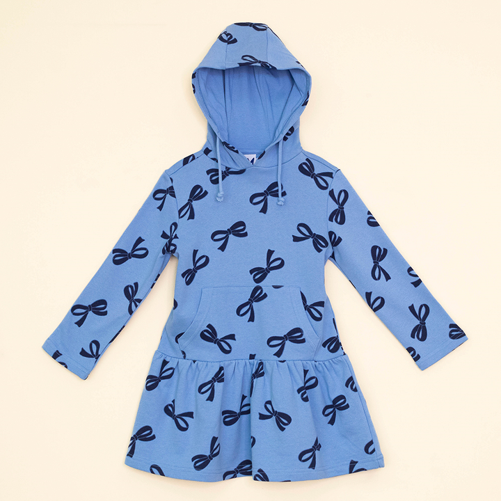 Vestido Azul Manga Larga de Algodón con Estampado de Lazos y Capucha para Niña
