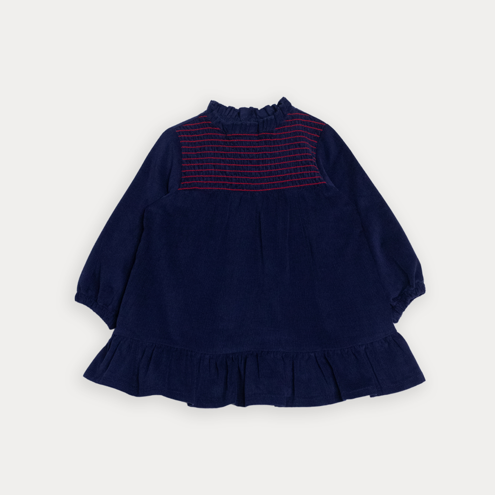 Vestido De Corduroy Azul Marino Manga Larga Con Detalle Bordado Rojo Para Bebe Niña