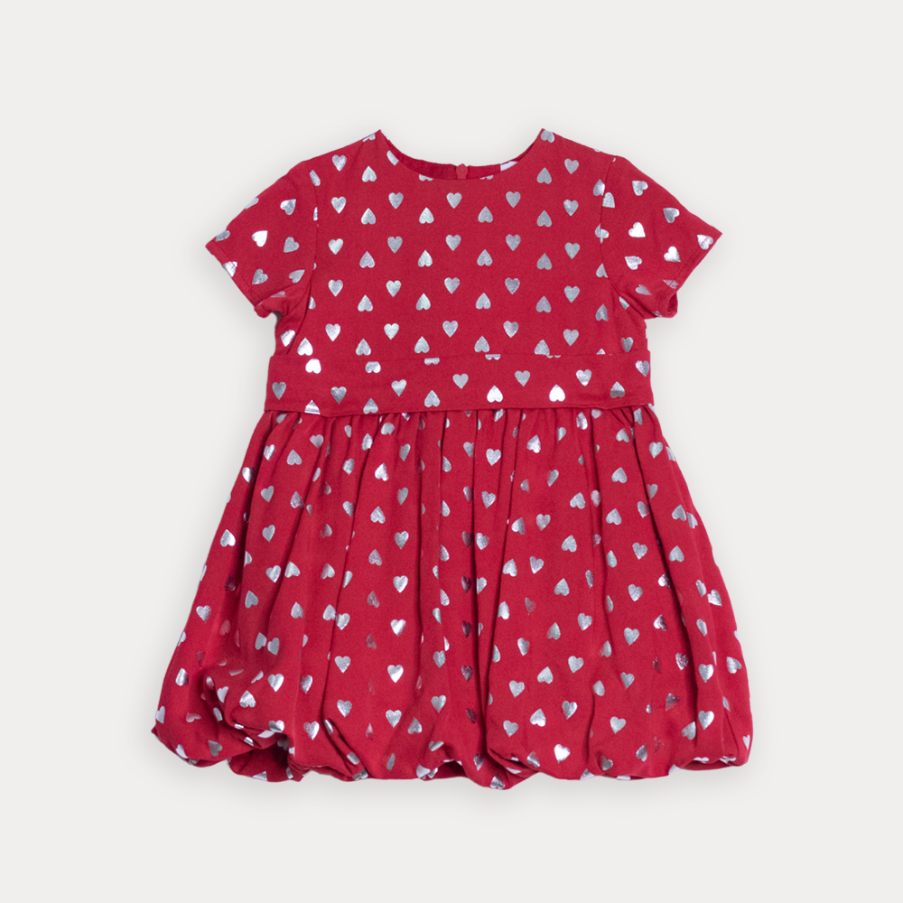 Vestido De Tela Ligera Roja Con Estampado De Corazones Plateados Metálicos Para Bebe Niña