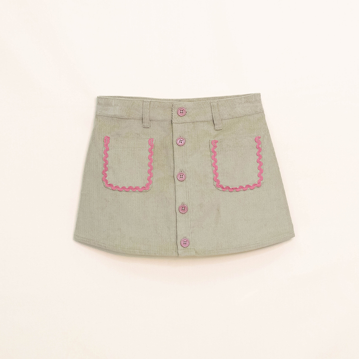 Falda Verde de Corduroy con Botones y detalles en Bolsillo Rosados para Niña