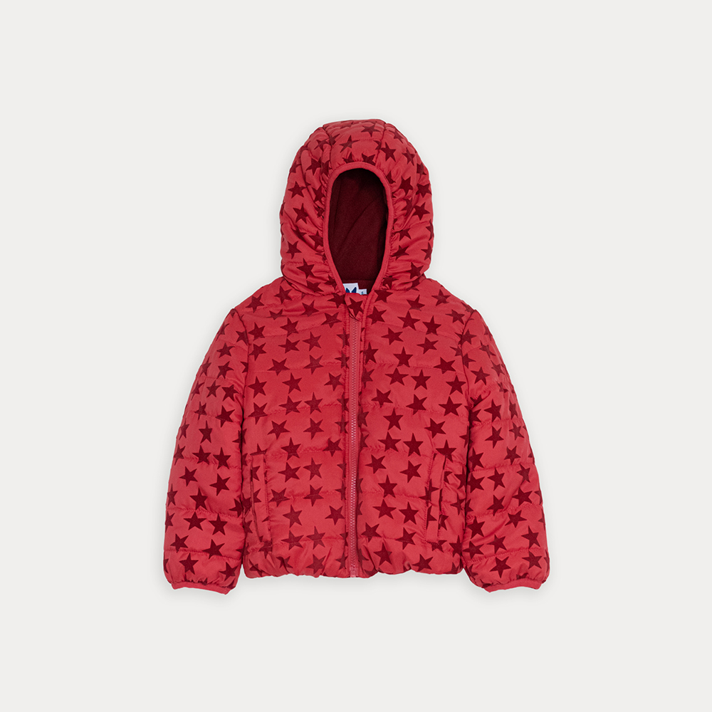 Chaqueta Acolchada Roja Con Estrellas De Terciopelo Vinotinto Para Niña