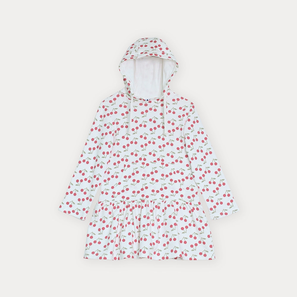 Vestido Suéter De Algodón Crema Con Estampado De Cerezas Para Niña