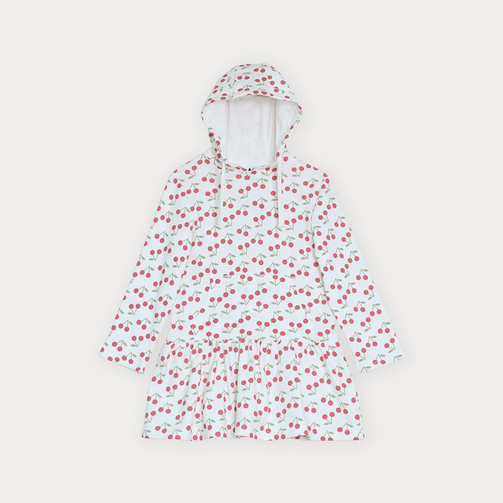 Vestido Suéter De Algodón Crema Con Estampado De Cerezas Para Niña
