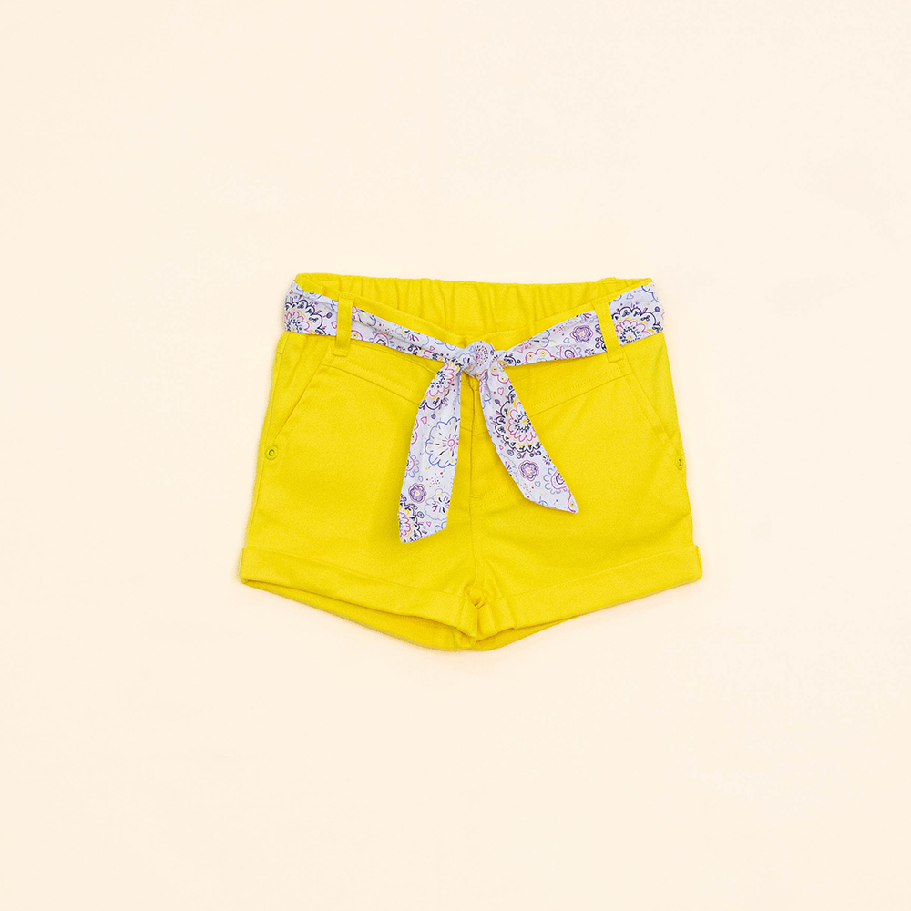 Short Amarillo de Twill con Cinturón Estampado Multicolor para Bebé Niña
