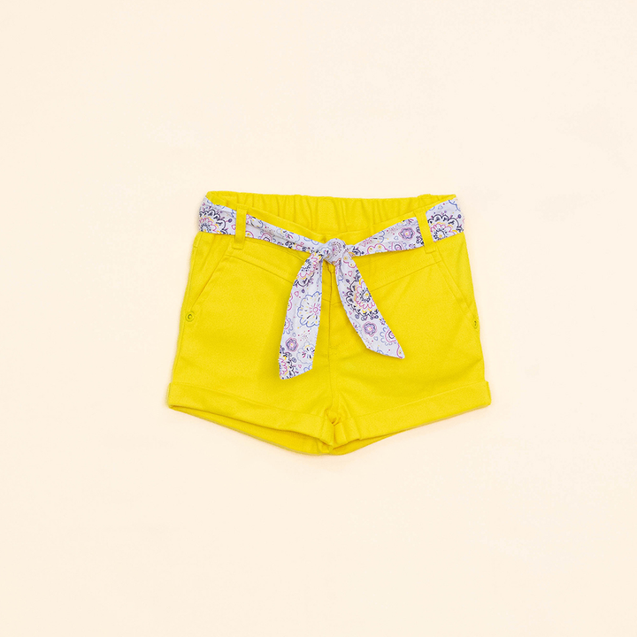 Short Amarillo de Twill con Cinturón Estampado Multicolor para Bebé Niña