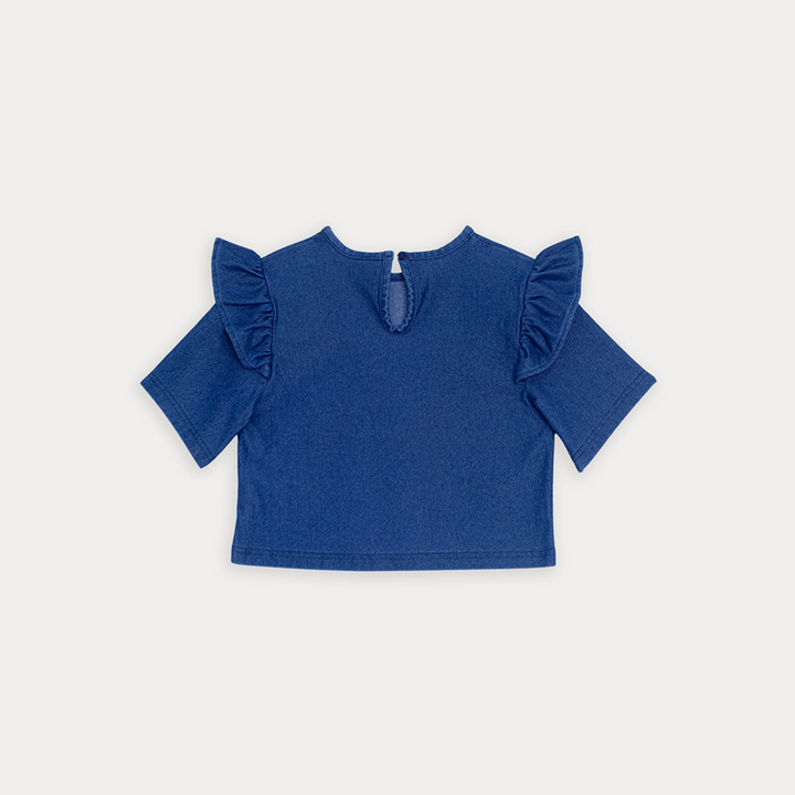 Blusa De Chambray Manga Larga Con Volantes Para Niña