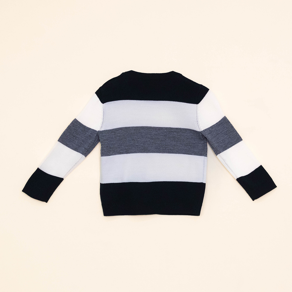 Suéter de Tela Tipo Cashemira con Rayas Color Hueso, Negro y Gris para Bebé Niño
