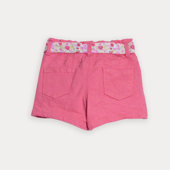 Short De Twill Rosado Guayaba Con Cinturón De Popelina Con Estampado Floral Para Bebe Niña