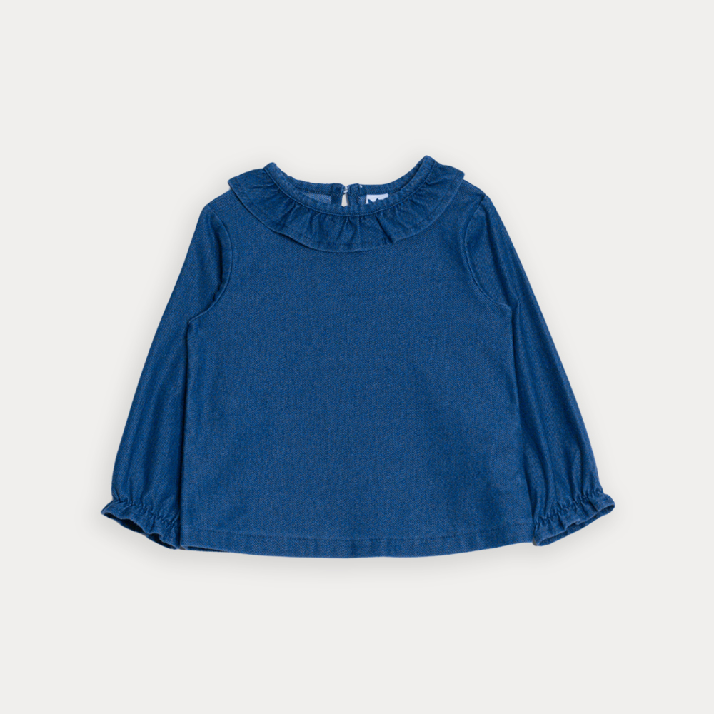 Blusa De Chambray Azul Oscuro Manga Larga Con Cuello Para Bebe Niña
