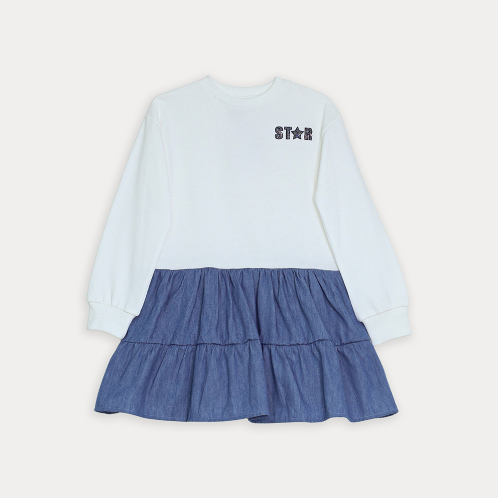 Vestido De Algodón Crema Manga Larga Con Falda De Chambray Azul Oscuro Y Bordado De Lentejuelas Para Niña