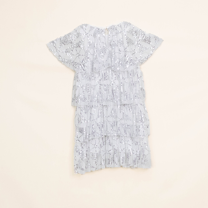 Vestido de Capas Color Hueso, con Lentejuelas Plateadas para Niña