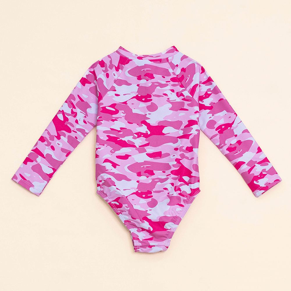 Traje de Baño Manga Larga entero con Estampado Rosado de Camuflaje para Bebé Niña