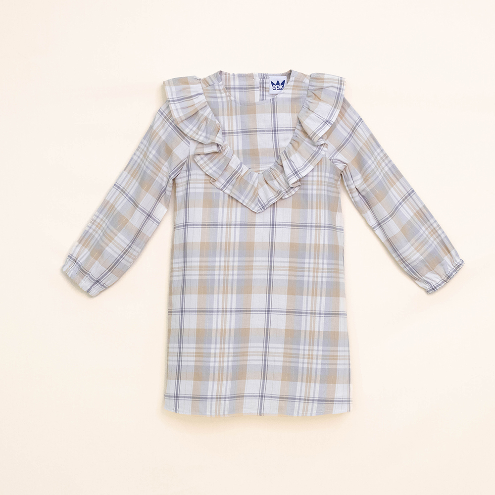 Vestido de Flanel Twill de Cuadros Grises y Crema con Rayas Doradas para Niña