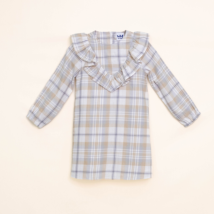 Vestido de Flanel Twill de Cuadros Grises y Crema con Rayas Doradas para Niña