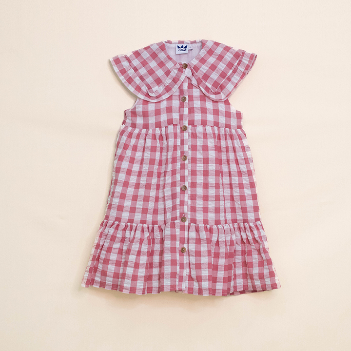 Vestido de Sirsaca Sin Mangas, con Estampado de Cuadros Rosados y Crema para Niña