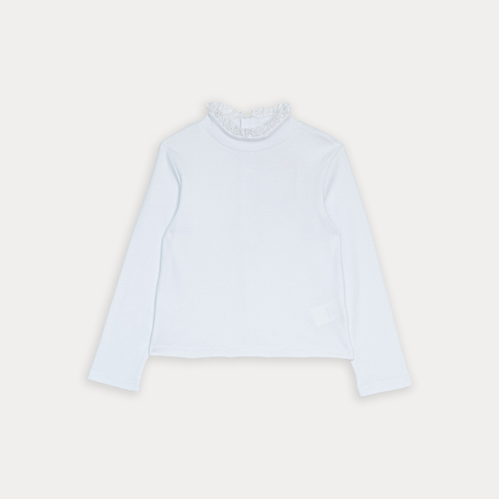 Franela De Algodón Blanco Manga Larga Cuello Tortuga Con Detalle En Eyelet Para Niña