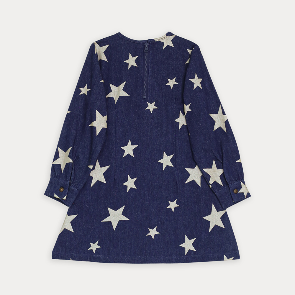 Vestido De Jean Oscuro Con Estampado De Estrellas Doradas Metálicas Para Niña