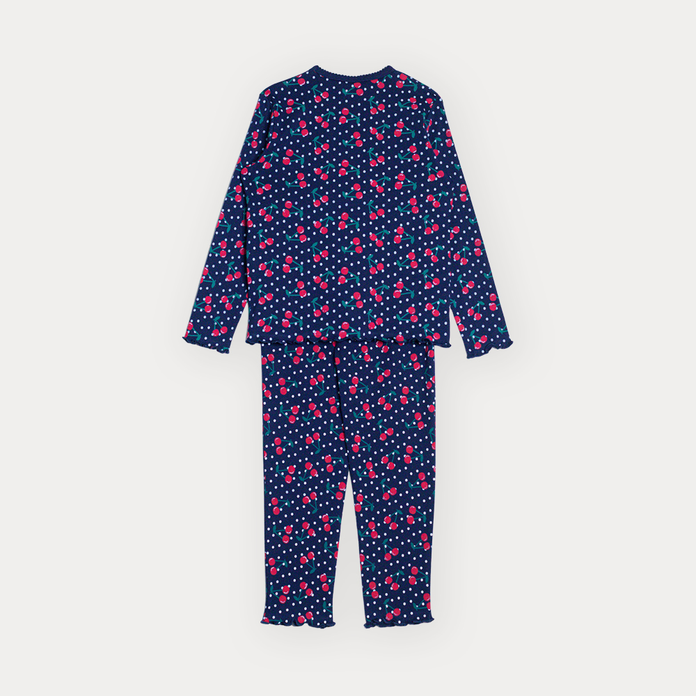 Pijama De Algodón Azul Marino Con Estampado De Cerezas Y Punticos Para Niña