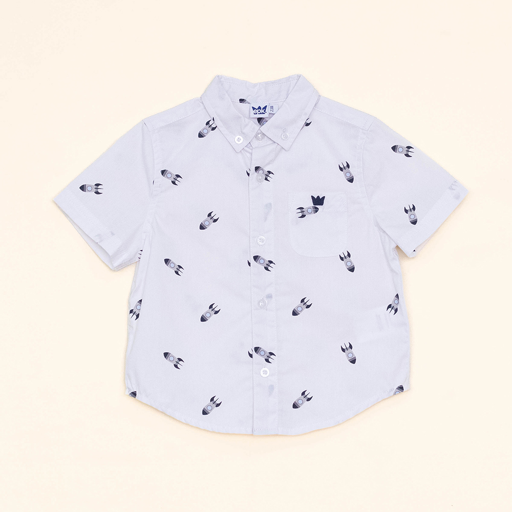 Camisa Blanca Manga Corta con Estampado de Cohetes para Bebé Niño