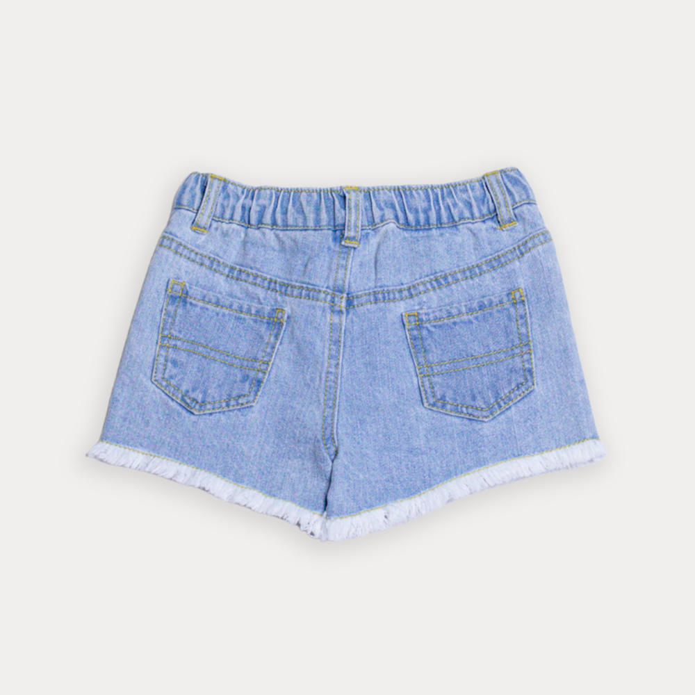 Short De Jean Azul Claro Con Bordado De Bacterias Fucsia Para Bebe Niña