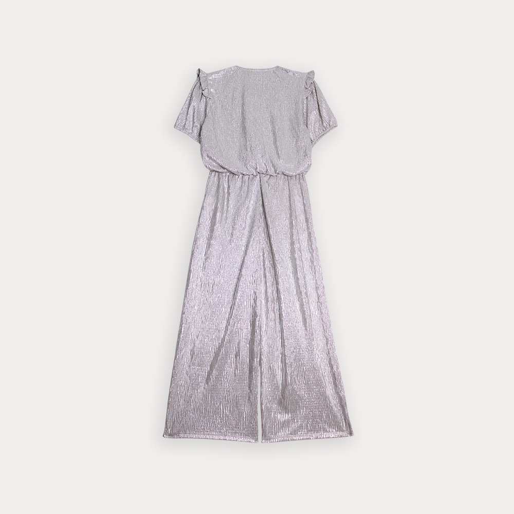 Jumpsuit De Tela Texturizada Manga Corto Dorado Metálico Para Niña
