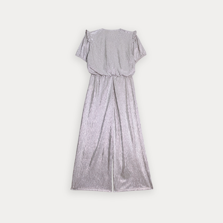 Jumpsuit De Tela Texturizada Manga Corto Dorado Metálico Para Niña
