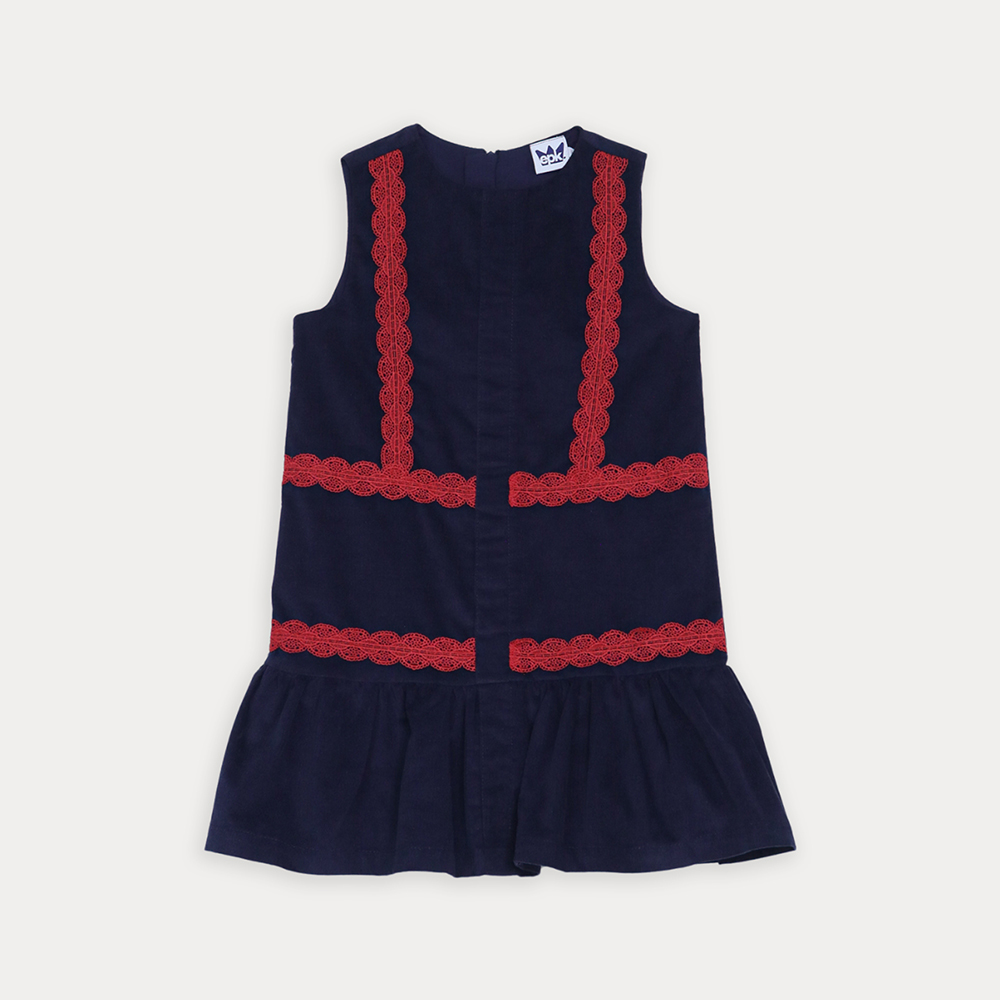Vestido De Corduroy Azul Marino Con Guipur Rojo Para Niña