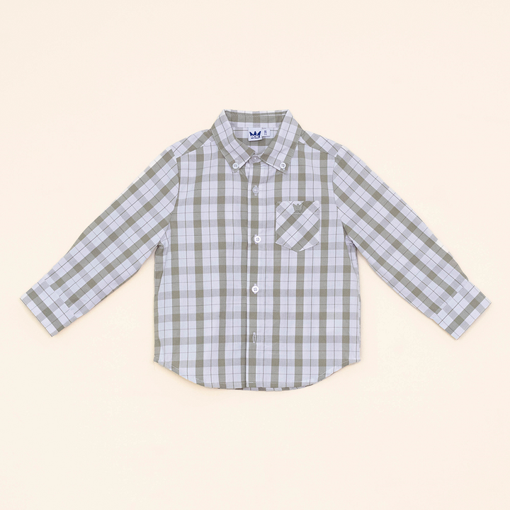 Camisa Manga Larga de Popelina con Cuadros Blancos y Verdes para Bebé Niño