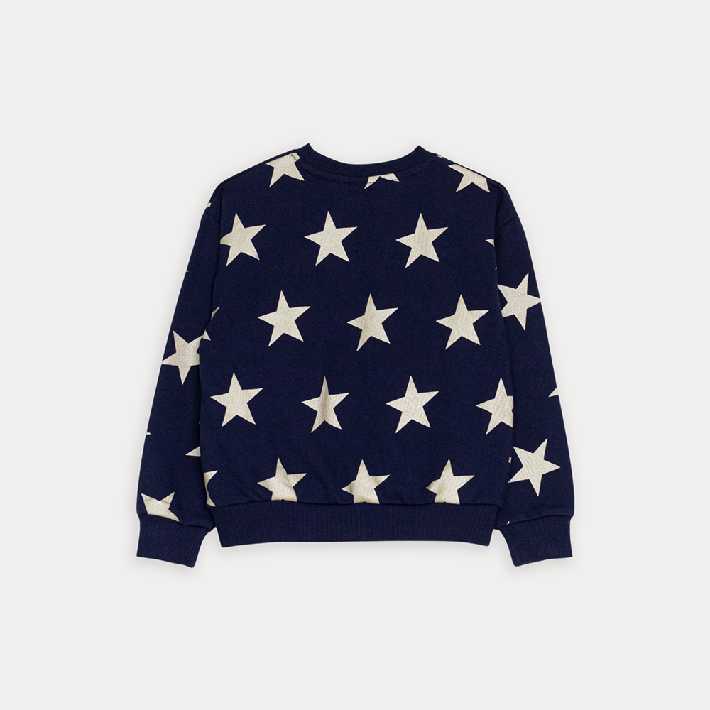 Suéter De Algodón Azul Marino Con Estampado De Estrellas Doradas Metálicas Para Niña