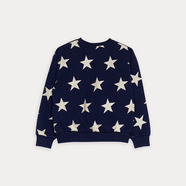Suéter De Algodón Azul Marino Con Estampado De Estrellas Doradas Metálicas Para Niña