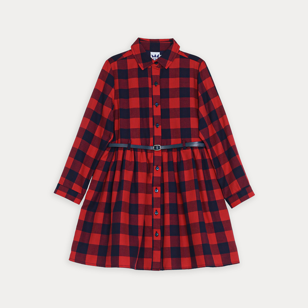 Vestido De Flannel Twill Con Estampado De Cuadros Vinotinto Y Azul Marino Para Niña