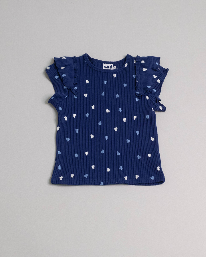 Franela de algodón, con plisado, volantes y estampado de corazones, Azul Oscuro