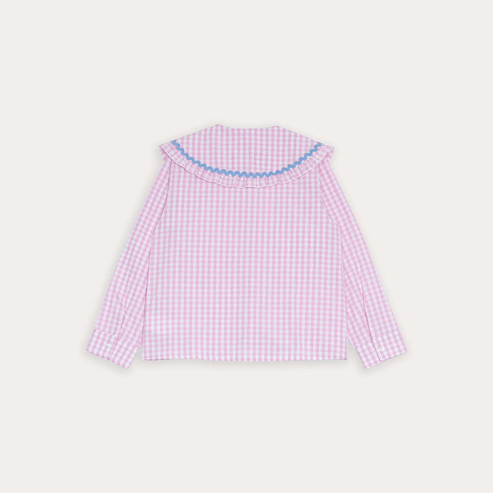 Blusa De Popelina Con Estampado De Cuadros Rosados Y Detalle Azul Clarito En El Cuello Para Niña