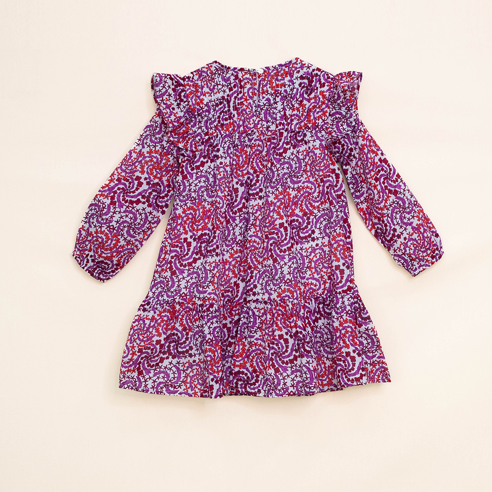 Vestido de Popelina Ligera con Nido de Abeja y Estampado Rojo y Morado, Manga Larga, para Niña