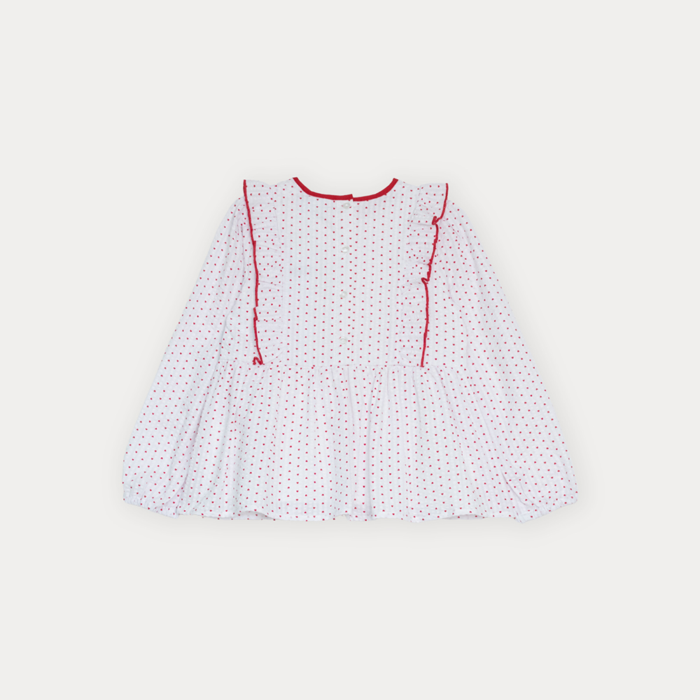 Blusa De Sirsaca Blanca Manga Larga Con Estampado De Corazones Rojos Para Niña