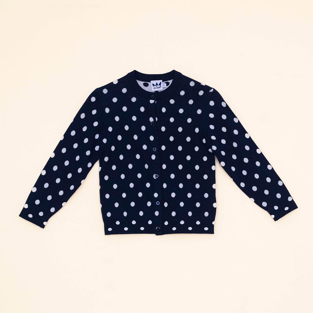 Cardigan Azul Oscuro de Tela Tipo Cashemira con Puntos Blancos para Niña