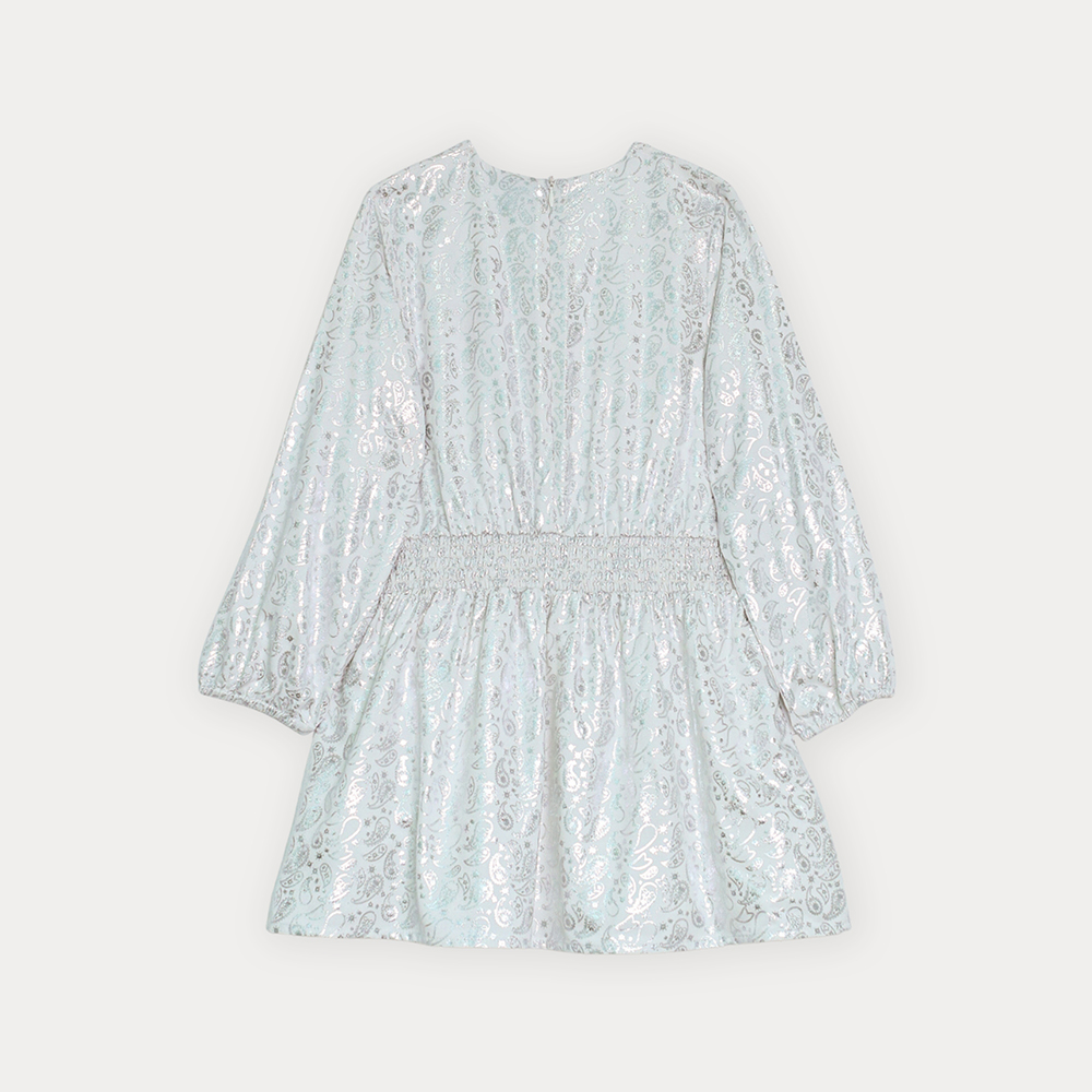 Vestido De Tela Ligera Blanco Manga Larga Con Estampado De Bacterias Plateadas Metálicas Para Niña