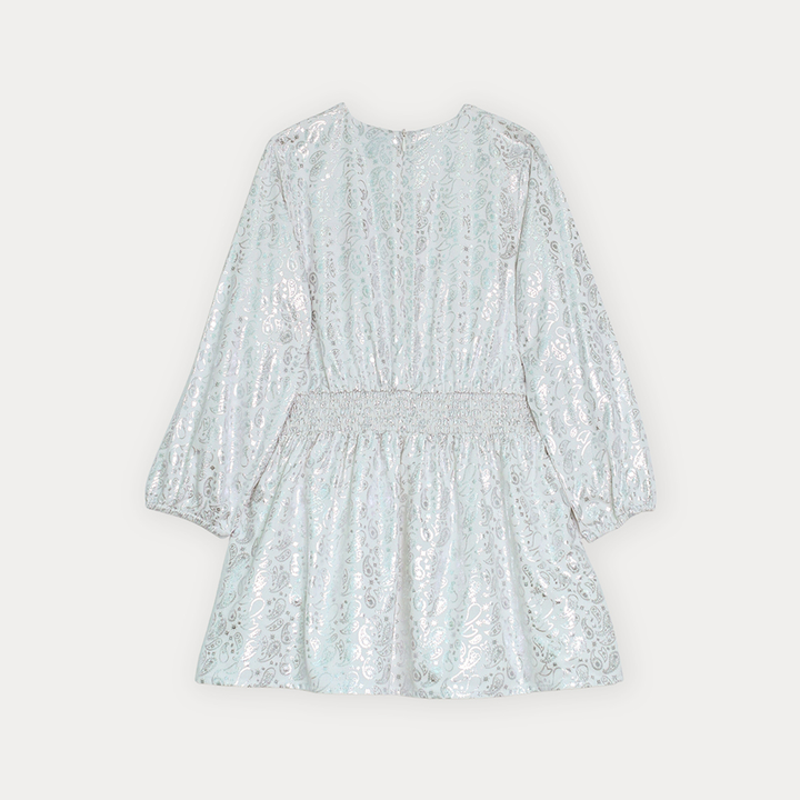 Vestido De Tela Ligera Blanco Manga Larga Con Estampado De Bacterias Plateadas Metálicas Para Niña