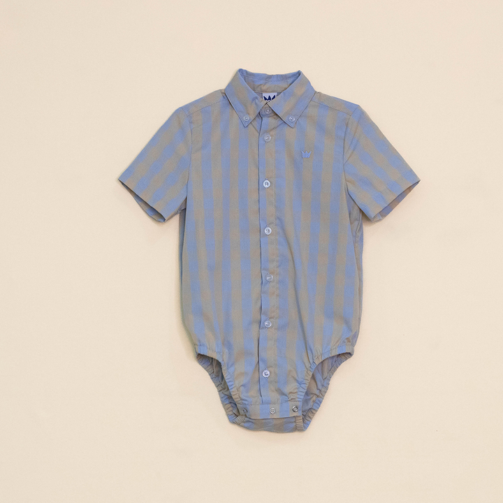 Body de Camisa con Estampado de Cuadros Azules y Beige Manga Corta para Bebé Niño