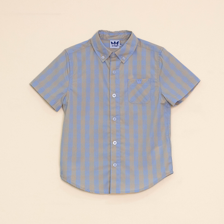 Camisa con Estampado de Cuadros Azules y Beige, Manga Corta, para Niño