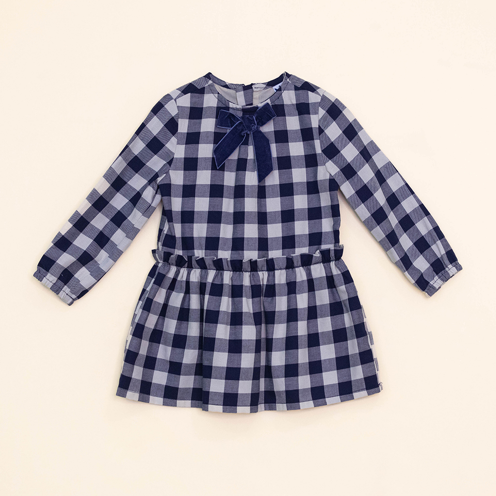 Vestido de Cuadros Azul y Crema de Twill, Manga Larga, para Bebé Niña