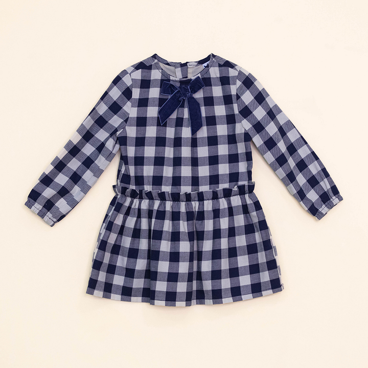 Vestido de Cuadros Azul y Crema de Twill, Manga Larga, para Bebé Niña
