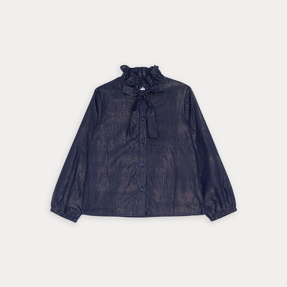 Blusa De Popelina Ligera Azul Marino Con Detalles De Hilo Dorado Para Niña