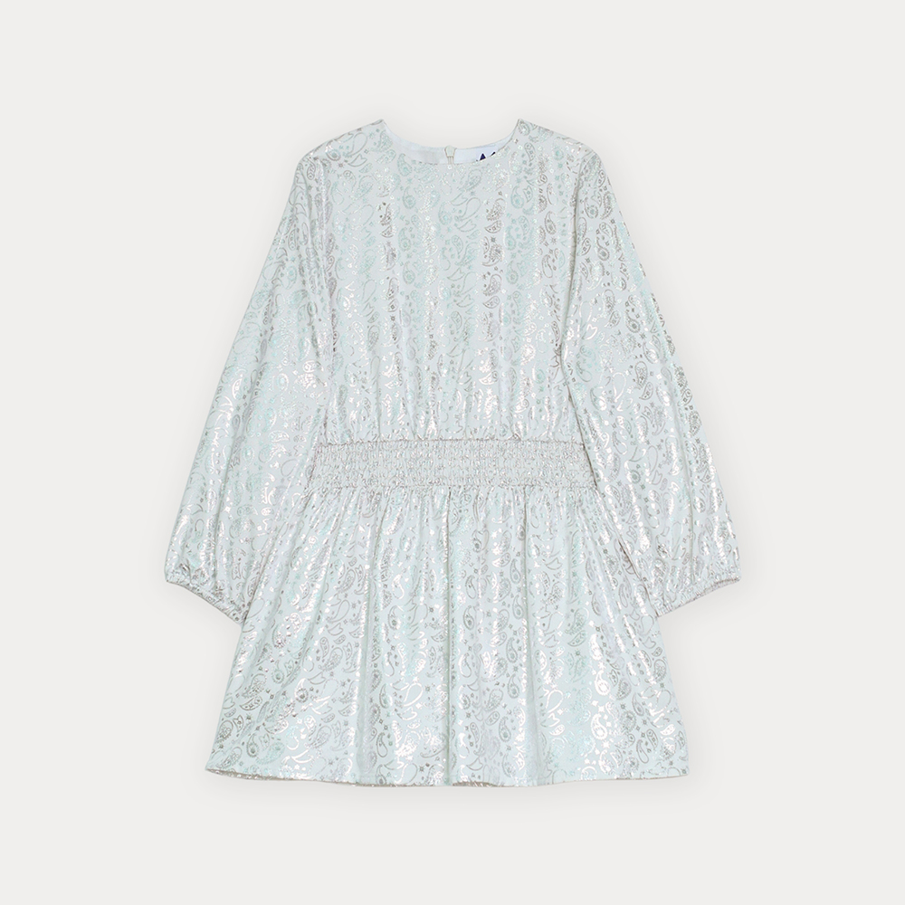 Vestido De Tela Ligera Blanco Manga Larga Con Estampado De Bacterias Plateadas Metálicas Para Niña