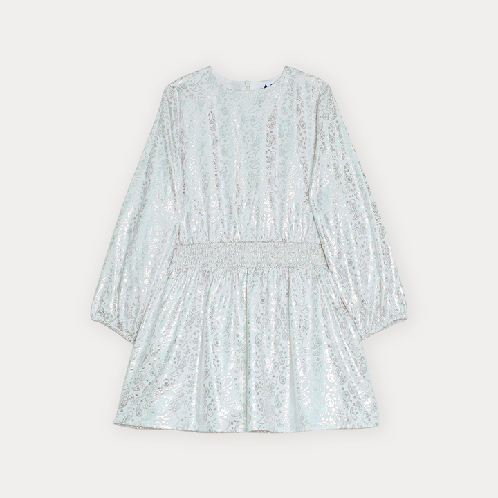 Vestido De Tela Ligera Blanco Manga Larga Con Estampado De Bacterias Plateadas Metálicas Para Niña