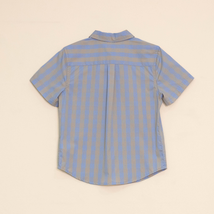 Camisa con Estampado de Cuadros Azules y Beige, Manga Corta, para Niño