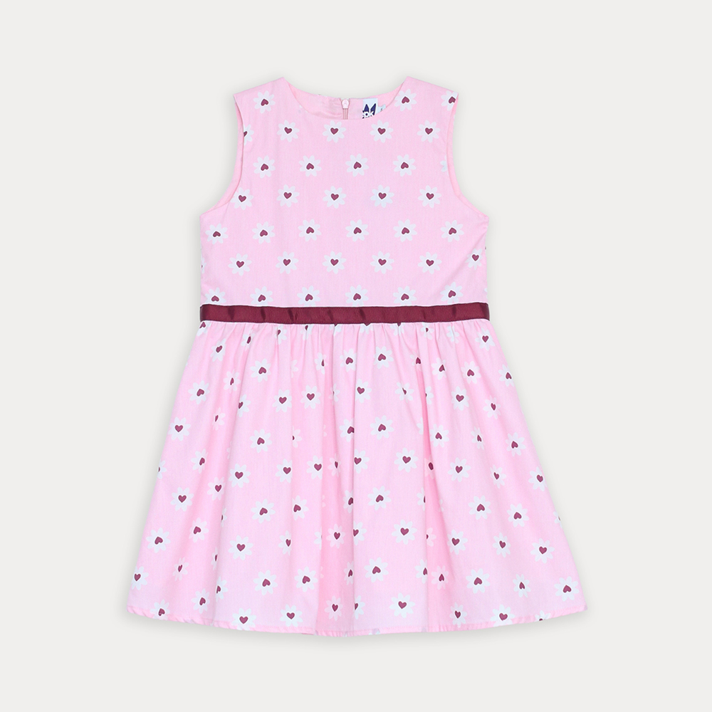 Vestido De Popelina Rosado Con Estampado De Flores Blancas Para Niña