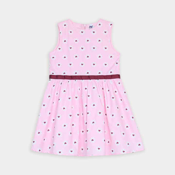 Vestido De Popelina Rosado Con Estampado De Flores Blancas Para Niña