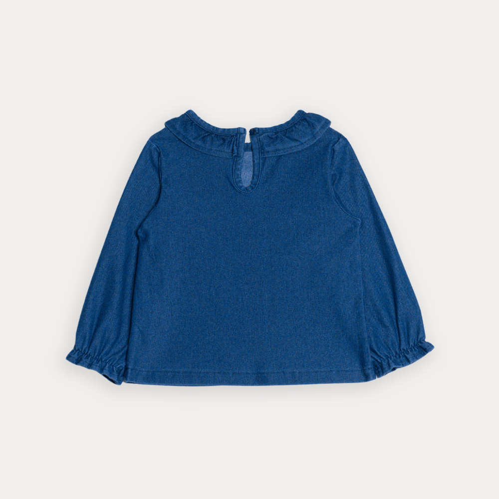 Blusa De Chambray Azul Oscuro Manga Larga Con Cuello Para Bebe Niña
